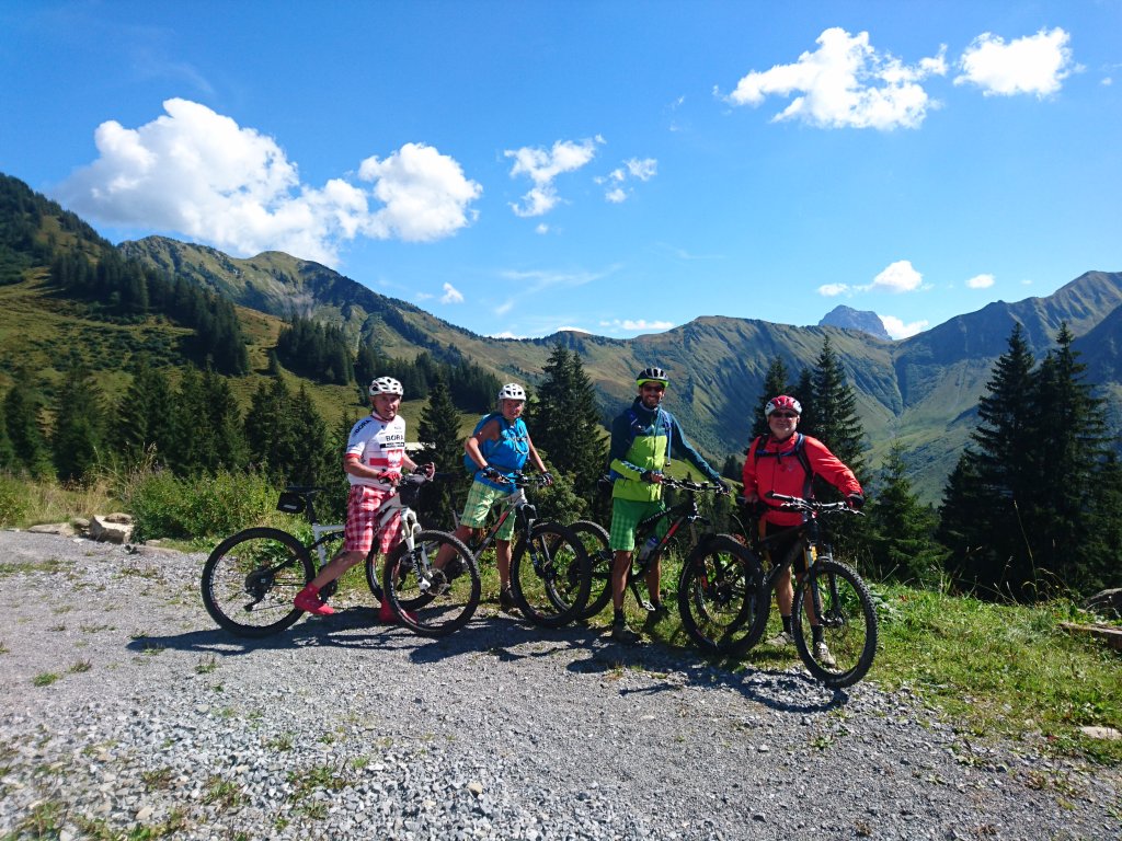 Gruppe Mountainbiker mit tollem Bergpanorama